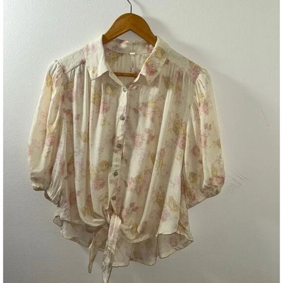 Free People Celia Printed Hem Blouse Collared Button Down Tie Front Top - Picture 2 of 8